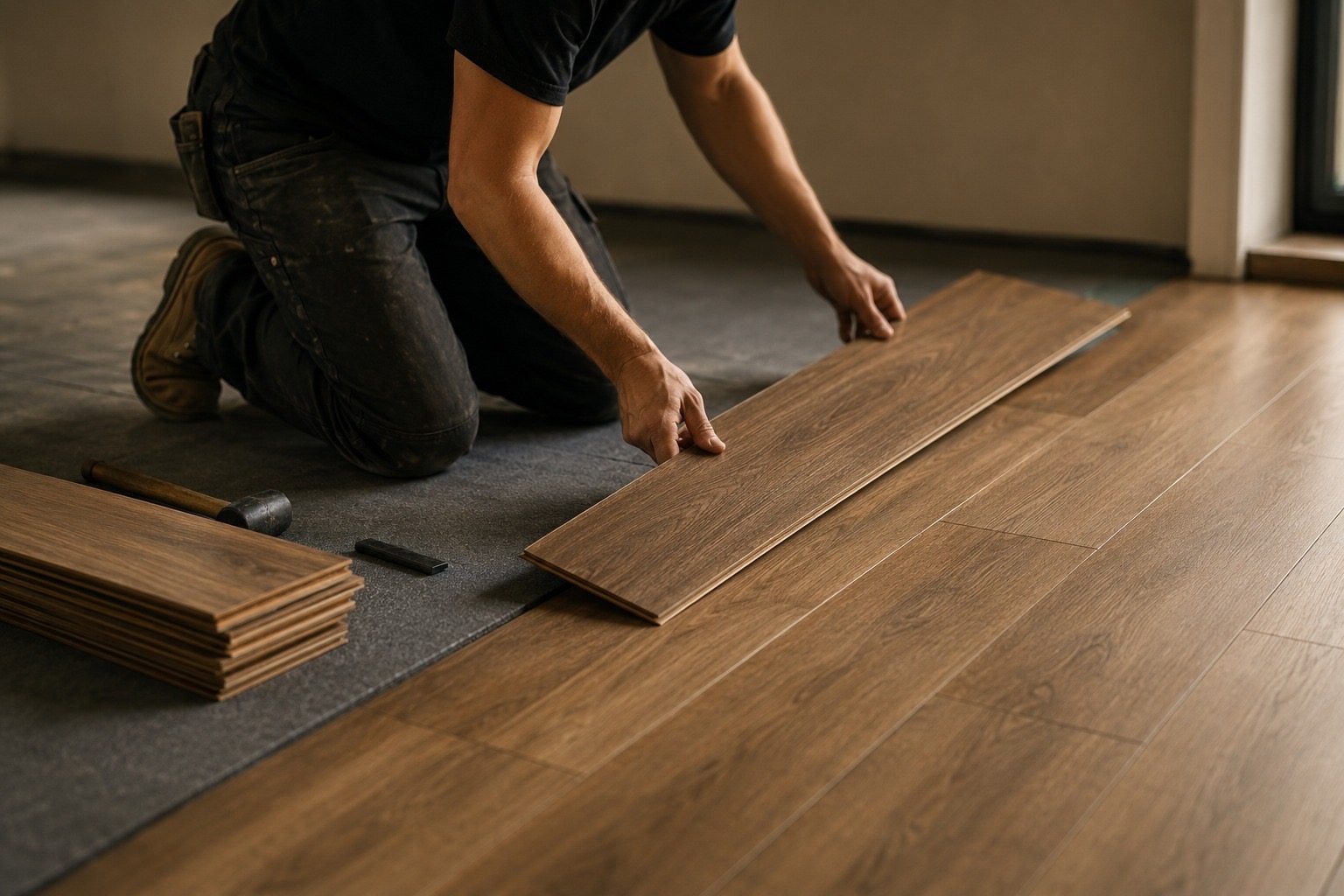 Golden Step installer hand-fitting wide plank flooring over fresh underlayment