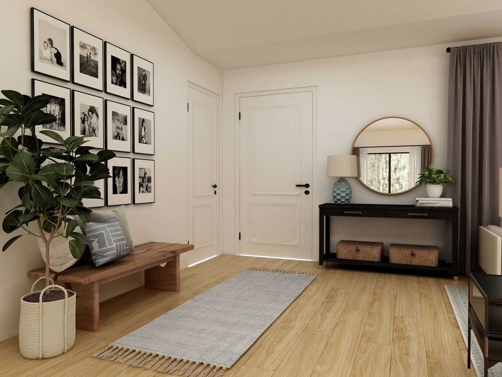Light oak-look laminate flooring in a modern entryway